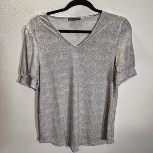 Adrianna Papell Blouse Medium White Black Dot V Neck Puff Sleeve Top